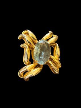 Vintage Aquamarine Oval Blue Glass Brooch Mid Century Yellow Gold Plated
